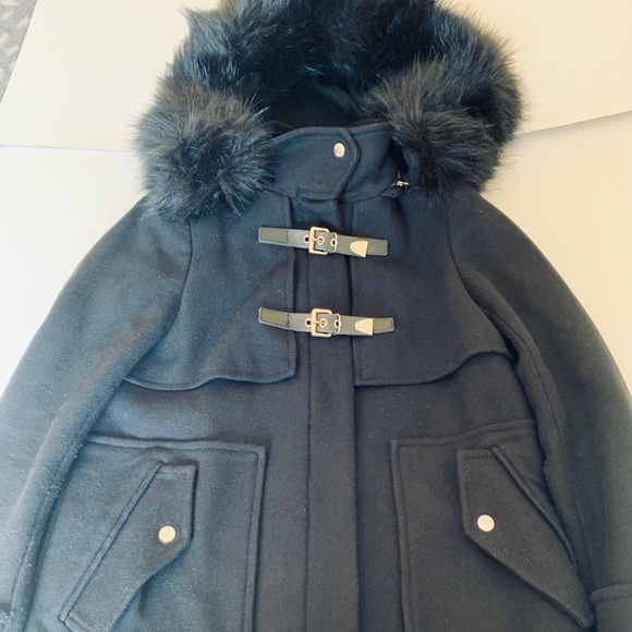 Zara Black 75% Wool Winter Jacket coat Hood with black fur metal Buckel pocket S - Picture 3 of 16